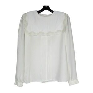 VTG KELLY SCOTT White SATIN Button-Back LACE TRIM COLLAR Pleated BLOUSE/TOP 12